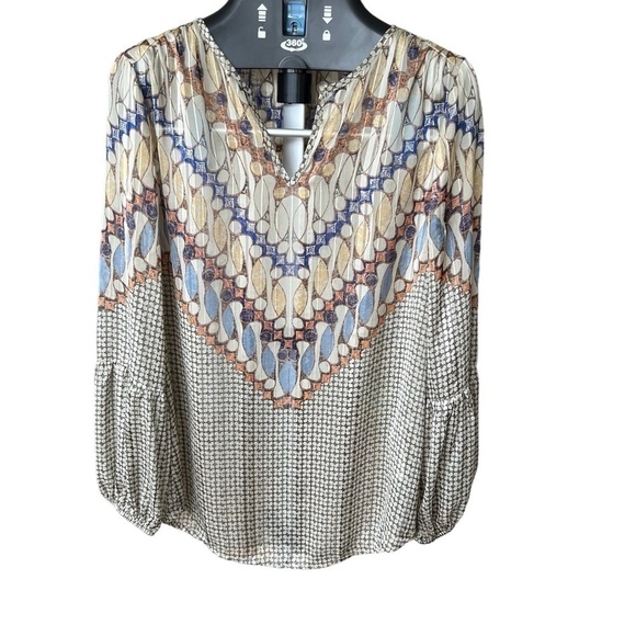 Chico’s Women’s Sz M Geometric Tribe Tunic Top Blouse Long Sleeve Woven Pattern - Picture 3 of 13